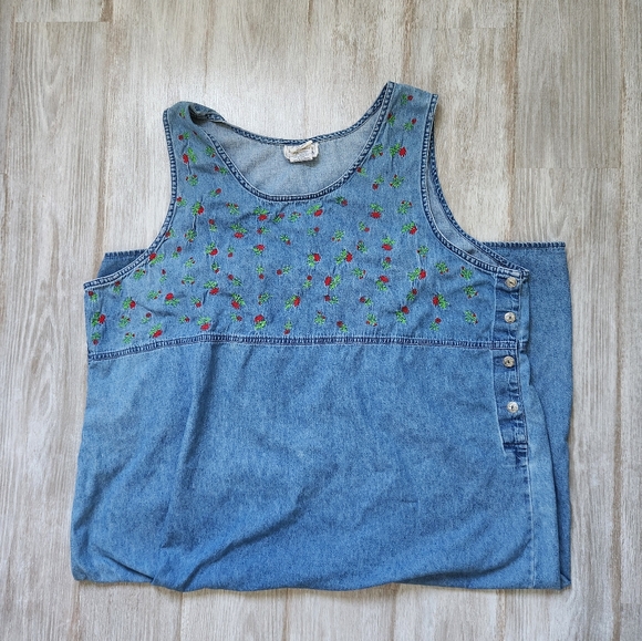Basic Editions Dresses & Skirts - VTG Basic Editions Plus Blue Denim Dress Sleeveless Maxi Cotton Floral Sz 3X